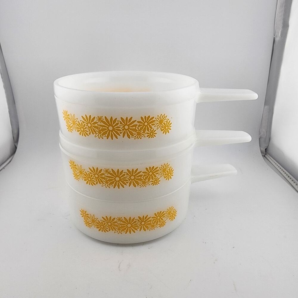 Glasbake Bowls J2639 Pinwheel Flower Yellow Orange Green Milk Glass, Set of 3